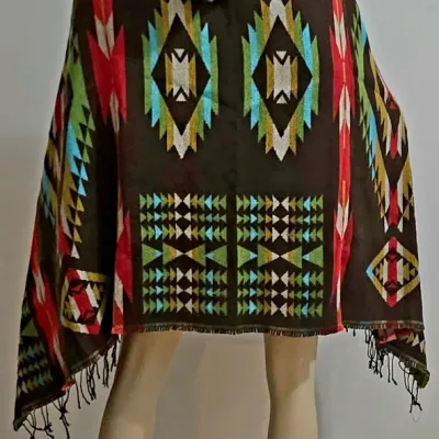 Vtg Southwestern hooded Poncho Cape Fringes