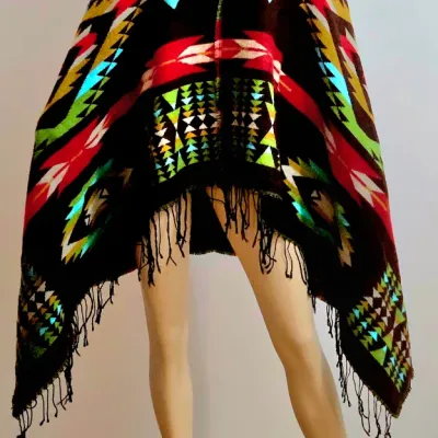 Vtg Southwestern hooded Poncho Cape Fringes