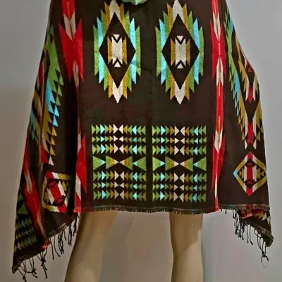 Vtg Southwestern hooded Poncho Cape Fringes