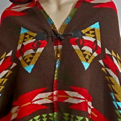 Vtg Southwestern hooded Poncho Cape Fringes