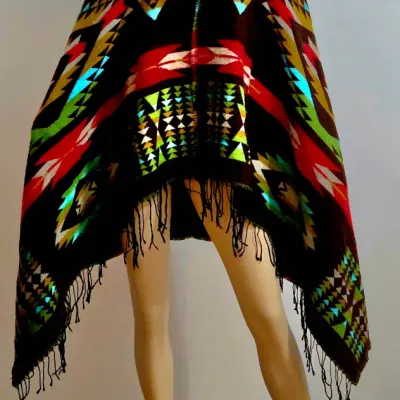 Vtg Southwestern hooded Poncho Cape Fringes