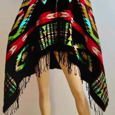 Vtg Southwestern hooded Poncho Cape Fringes