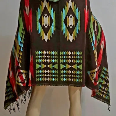 Vtg Southwestern hooded Poncho Cape Fringes