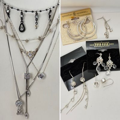 LOT 160J: Silvertone Costume Jewelry: Necklaces, NWT Earrings