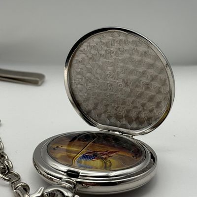 LOT 157J: Thomas Kinkade US Flag Pocket Watch, Geoffrey Beene Tie Tacks & More