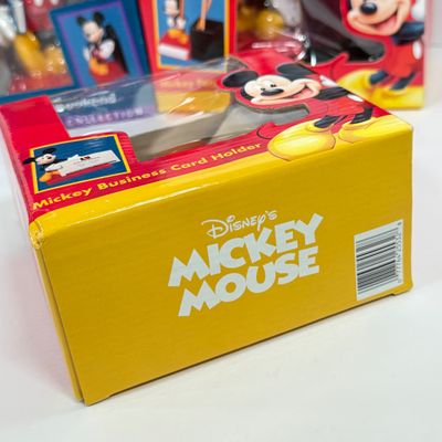 LOT 73A: Disney Character Photo Frames, Glass Candle & NIP Mickey Mouse Bookends, Business Card Holder, Pencil & Notepad Holder,...