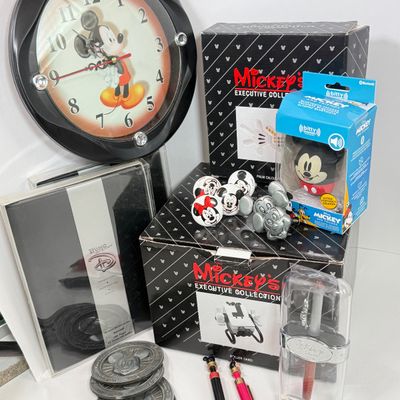 LOT 78A: Disney Office Collection: Mickey's Executive Collection Palm Calculator & Roller Card in Box, Wall Clock, Mickey &...