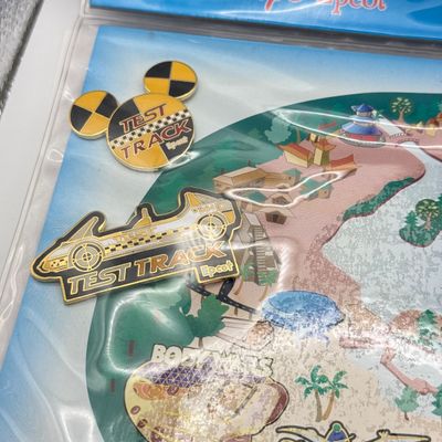LOT 126P: 2000s Disney's EPCOT Collection: Figment Patch, Pin Park Map w/ Trading Pins: Ying Yang Mickey Head, Figment, Angry Daisy,...