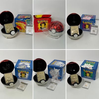LOT 62A: FULL SET Pokémon Special Edition 23 karat Gold Plated Trading Cards: Charizard, Pikachu, Jiggly Puff, Poliwhirl, Mewtwo &...