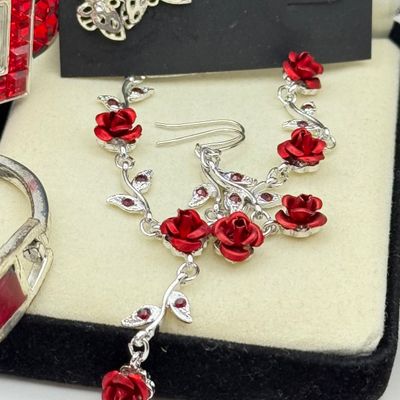 LOT 166J: Red Costume Jewelry: Vintage Y-chain Rose Necklace w Matching Bracelet & Drop Earrings, Zales Outlet Cuff Watch & More