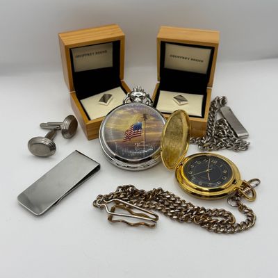 LOT 157J: Thomas Kinkade US Flag Pocket Watch, Geoffrey Beene Tie Tacks & More