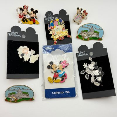 LOT 121P: Disney's Wedding Pavilion Slider Pins (2), Fairytale Weddings Bride Minnie WDW Trading Pin & Mickey & Minnie Mouse...