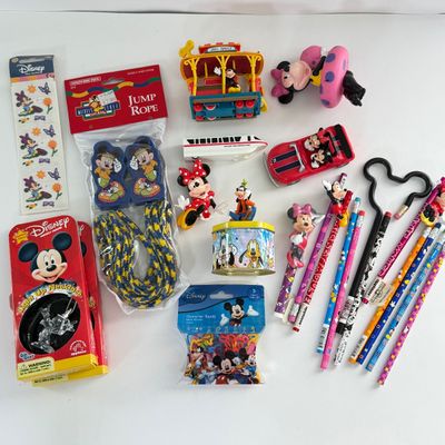 LOT 94A: Disney Pencils, Stickers, Small Toys, Jump Rope NIP, Light Up Necklaces & Silly Bands