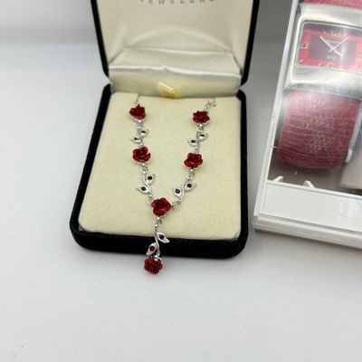 LOT 166J: Red Costume Jewelry: Vintage Y-chain Rose Necklace w Matching Bracelet & Drop Earrings, Zales Outlet Cuff Watch & More