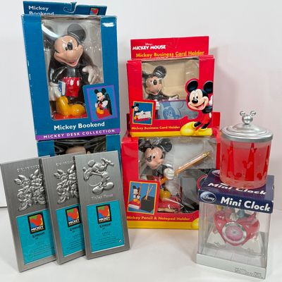 LOT 73A: Disney Character Photo Frames, Glass Candle & NIP Mickey Mouse Bookends, Business Card Holder, Pencil & Notepad Holder,...