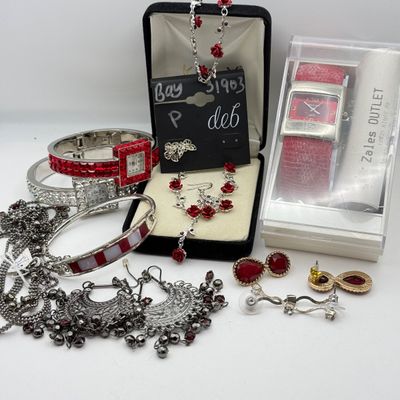 LOT 166J: Red Costume Jewelry: Vintage Y-chain Rose Necklace w Matching Bracelet & Drop Earrings, Zales Outlet Cuff Watch & More