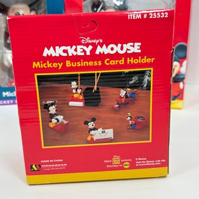 LOT 73A: Disney Character Photo Frames, Glass Candle & NIP Mickey Mouse Bookends, Business Card Holder, Pencil & Notepad Holder,...