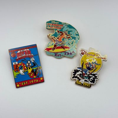 LOT 114P: 2001 WDW Waterpark Trading Pins: River Country (Goofy Comic Book Cover), Typhoon Lagoon & Blizzard Beach