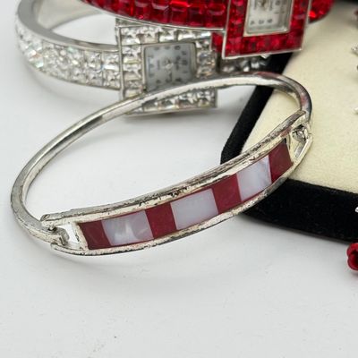 LOT 166J: Red Costume Jewelry: Vintage Y-chain Rose Necklace w Matching Bracelet & Drop Earrings, Zales Outlet Cuff Watch & More
