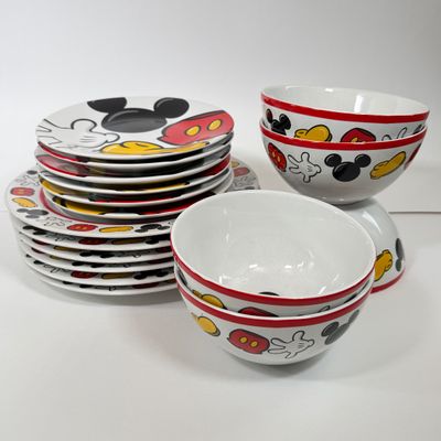 LOT 76A: Disney Parks Mickey Mouse Ceramic Dish Set: 6 Dinner Plates, 6 Salad Plates & 5 Bowls