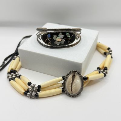 LOT 146F: Mother of Pearl Inlay 925 Cuff & Shell Choker Necklace