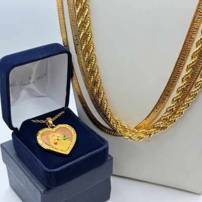LOT 163J: Danbury Mint Heart Pendant Necklace & Four 24KTGP Necklaces