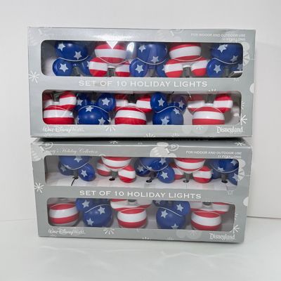 LOT 66A: USA Patriotic Disney Collection: US Flag Mickey Head Holiday Lights in Box (2), Patriotic Mickey, WDW 2002 4thof July Goofy...
