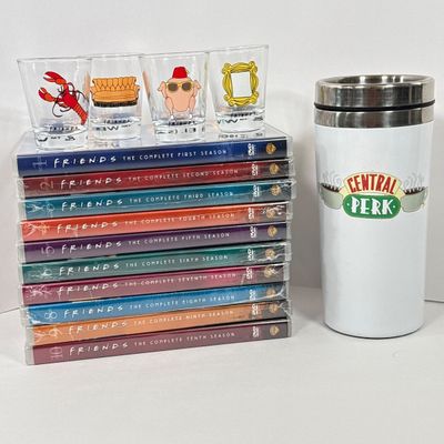 LOT 77A: I'll Be There for You... Friends Collection: Seasons 1-10 on DVD, Set of 4 Shot Glasses & Central Perk Travel Mug