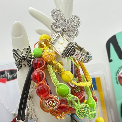 LOT 175J: Costume Jewelry: Beaded Bracelets, Butterfly Rings, Watch & Pendant Necklaces