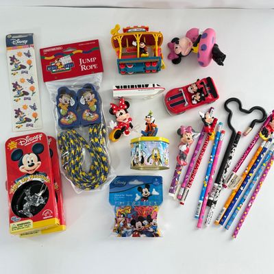 LOT 94A: Disney Pencils, Stickers, Small Toys, Jump Rope NIP, Light Up Necklaces & Silly Bands