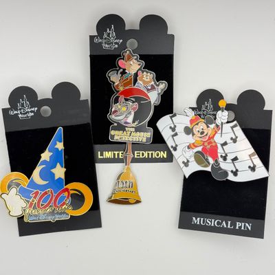 LOT 107P: WDW Trading Pins: 2001 LE3500 The Great Mouse Detective 15th Anniversary, 2002 100 Years of Magic Sorcerer Mickey Hat &...