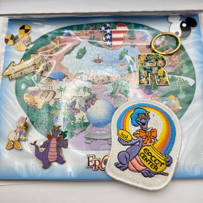 LOT 126P: 2000s Disney's EPCOT Collection: Figment Patch, Pin Park Map w/ Trading Pins: Ying Yang Mickey Head, Figment, Angry Daisy,...