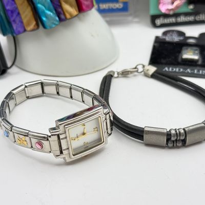 LOT 175J: Costume Jewelry: Beaded Bracelets, Butterfly Rings, Watch & Pendant Necklaces