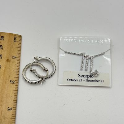 LOT 137F: Sterling Silver Scorpio Pendant Necklace & 925 Hoop Earrings