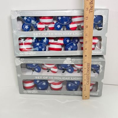 LOT 66A: USA Patriotic Disney Collection: US Flag Mickey Head Holiday Lights in Box (2), Patriotic Mickey, WDW 2002 4thof July Goofy...