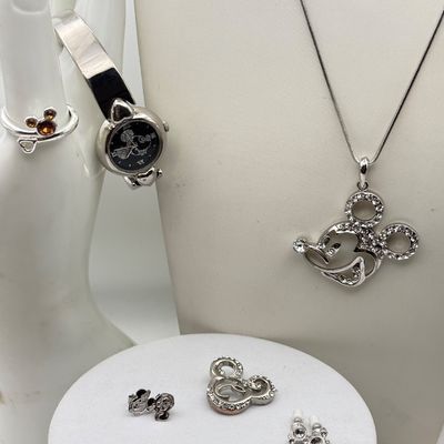 LOT 180J: Disney Mickey Mouse Jewelry: Pendant Necklace, Watch, Ring, Pin & Charms