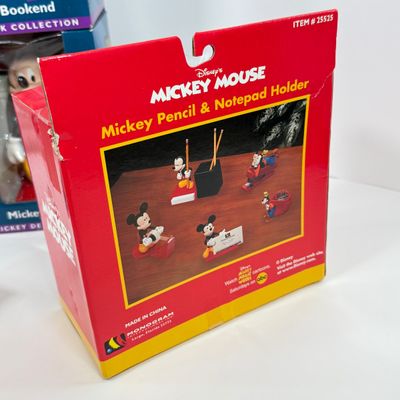 LOT 73A: Disney Character Photo Frames, Glass Candle & NIP Mickey Mouse Bookends, Business Card Holder, Pencil & Notepad Holder,...