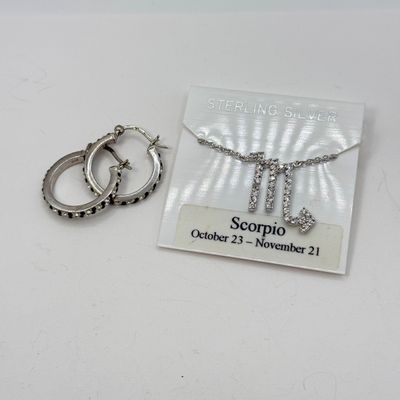 LOT 137F: Sterling Silver Scorpio Pendant Necklace & 925 Hoop Earrings