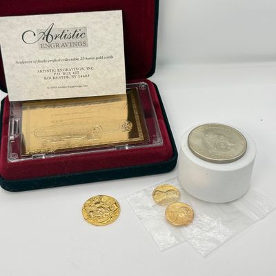 LOT 152F: Artistic Engravings 23karat Gold Plated Farewell ZR-1 Card, Plated 1980s Pennies & More Coins