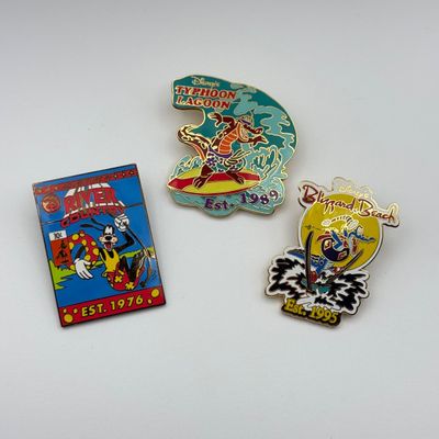 LOT 114P: 2001 WDW Waterpark Trading Pins: River Country (Goofy Comic Book Cover), Typhoon Lagoon & Blizzard Beach