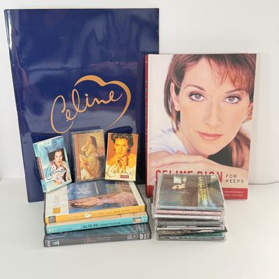 LOT 90A: Celine Dion Collection: For Keeps Book, Concert Book, Tapes, CDs & DVDs