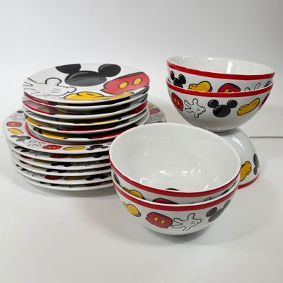 LOT 76A: Disney Parks Mickey Mouse Ceramic Dish Set: 6 Dinner Plates, 6 Salad Plates & 5 Bowls