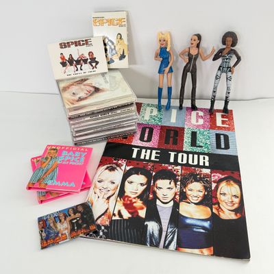 LOT 88A: Spice Up Your Life! Spice Girls Collection: Tapes, CDs, Toy Figures, Spice World Tour Book & Mini Pocket Baby Spice Books