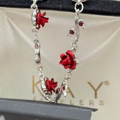 LOT 166J: Red Costume Jewelry: Vintage Y-chain Rose Necklace w Matching Bracelet & Drop Earrings, Zales Outlet Cuff Watch & More