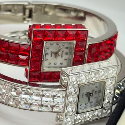 LOT 166J: Red Costume Jewelry: Vintage Y-chain Rose Necklace w Matching Bracelet & Drop Earrings, Zales Outlet Cuff Watch & More