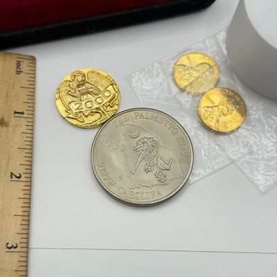 LOT 152F: Artistic Engravings 23karat Gold Plated Farewell ZR-1 Card, Plated 1980s Pennies & More Coins
