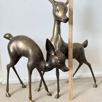 LOT 61A: Large Vintage Brass Deer Sculptures - 17" & 29" Tall