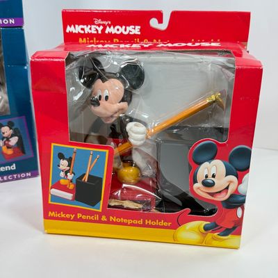 LOT 73A: Disney Character Photo Frames, Glass Candle & NIP Mickey Mouse Bookends, Business Card Holder, Pencil & Notepad Holder,...