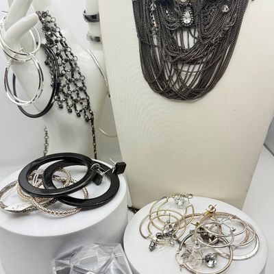 LOT 171J: Vintage Jewelry: Multi Strand Chain Necklaces, Hoop Earrings & More