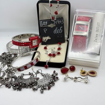 LOT 166J: Red Costume Jewelry: Vintage Y-chain Rose Necklace w Matching Bracelet & Drop Earrings, Zales Outlet Cuff Watch & More
